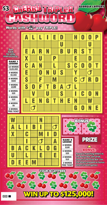 Cherry, Orange, Lemon Tripler Cashword scratch-off ticket from Georgia Lottery