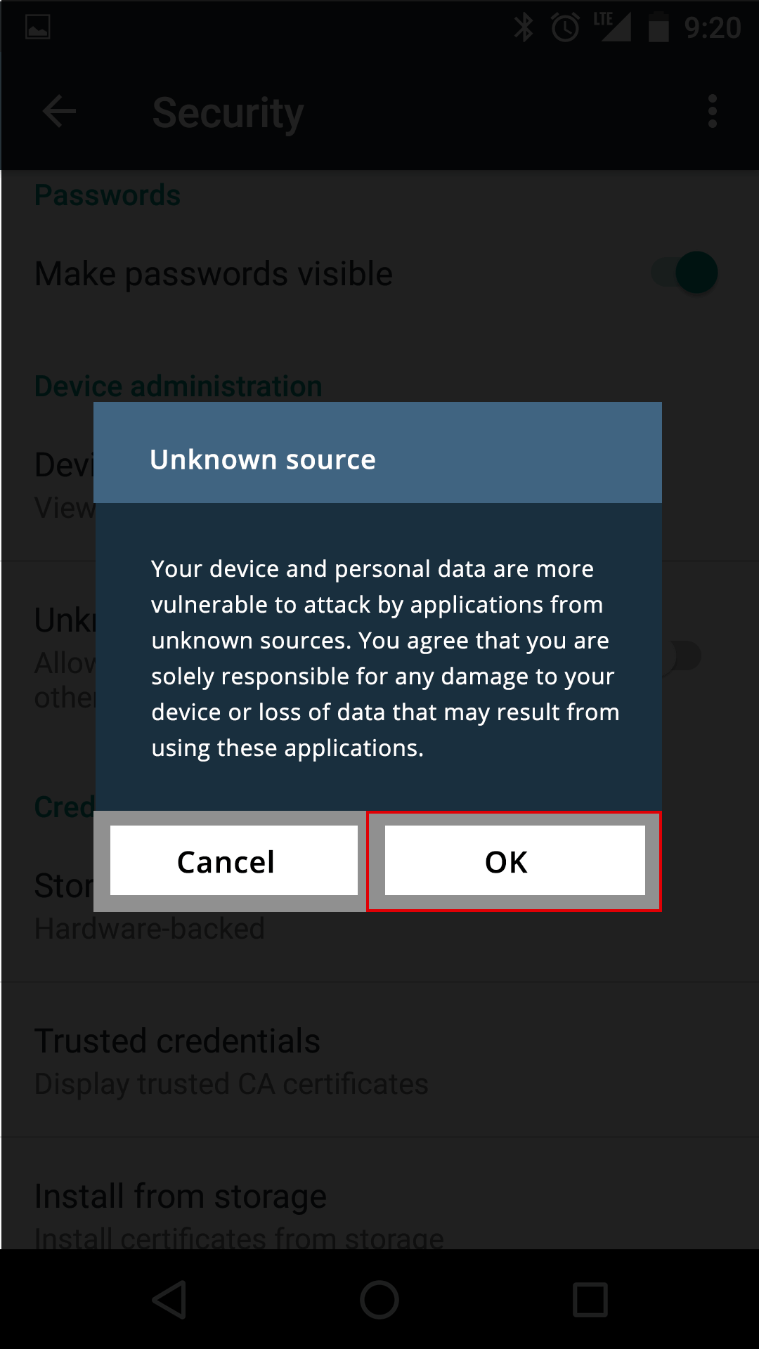 android installation tap ok on dialog popup