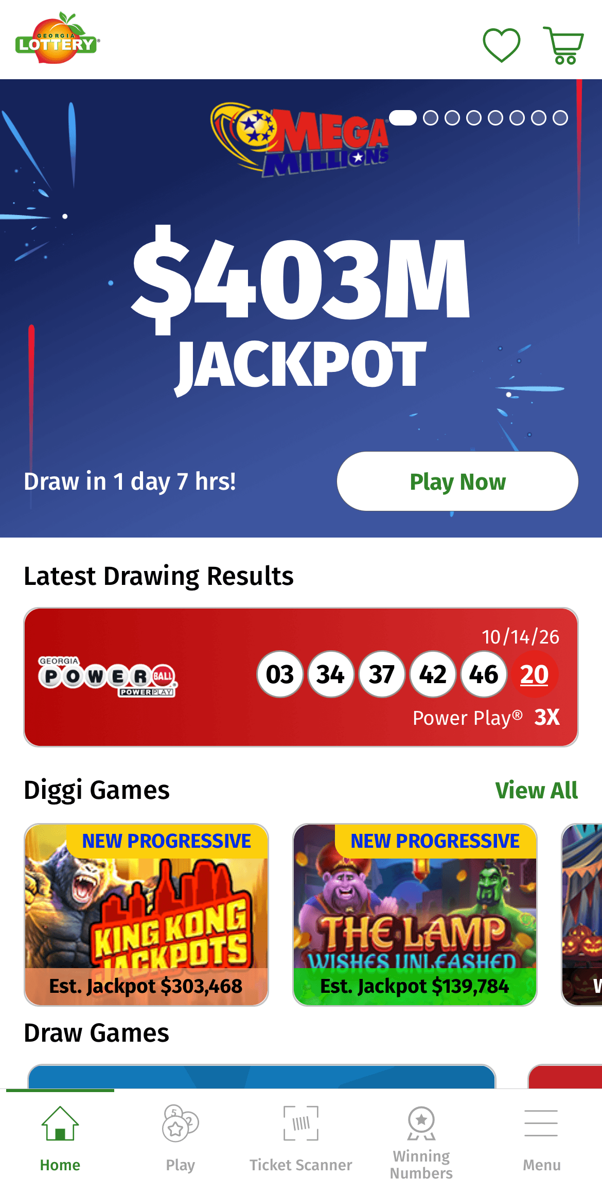 screenshot of Georgia Lottery mobile app homepage