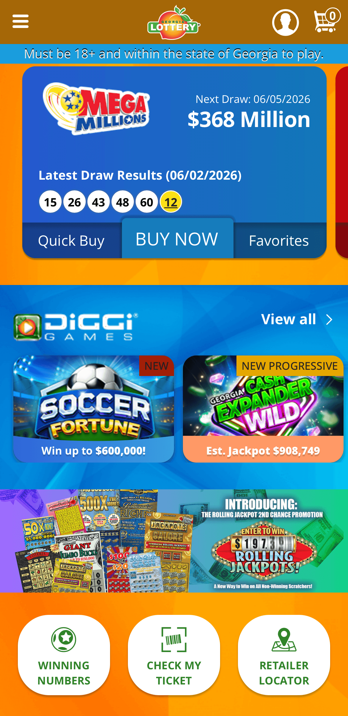 screenshot of Georgia Lottery mobile app homepage