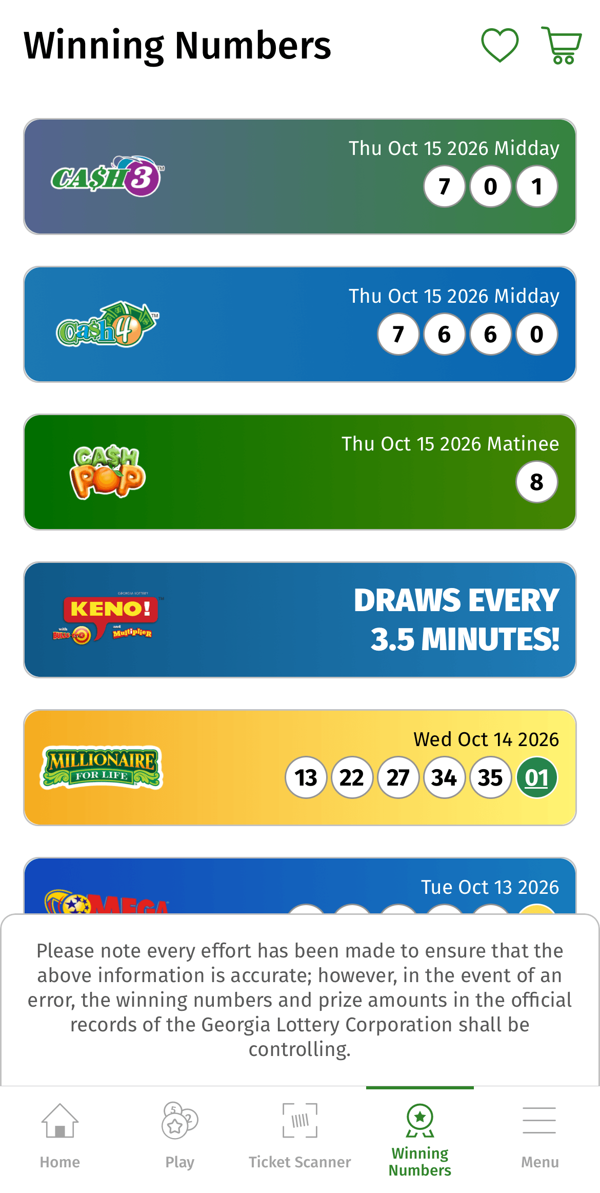 screenshot of Georgia Lottery mobile app winning numbers