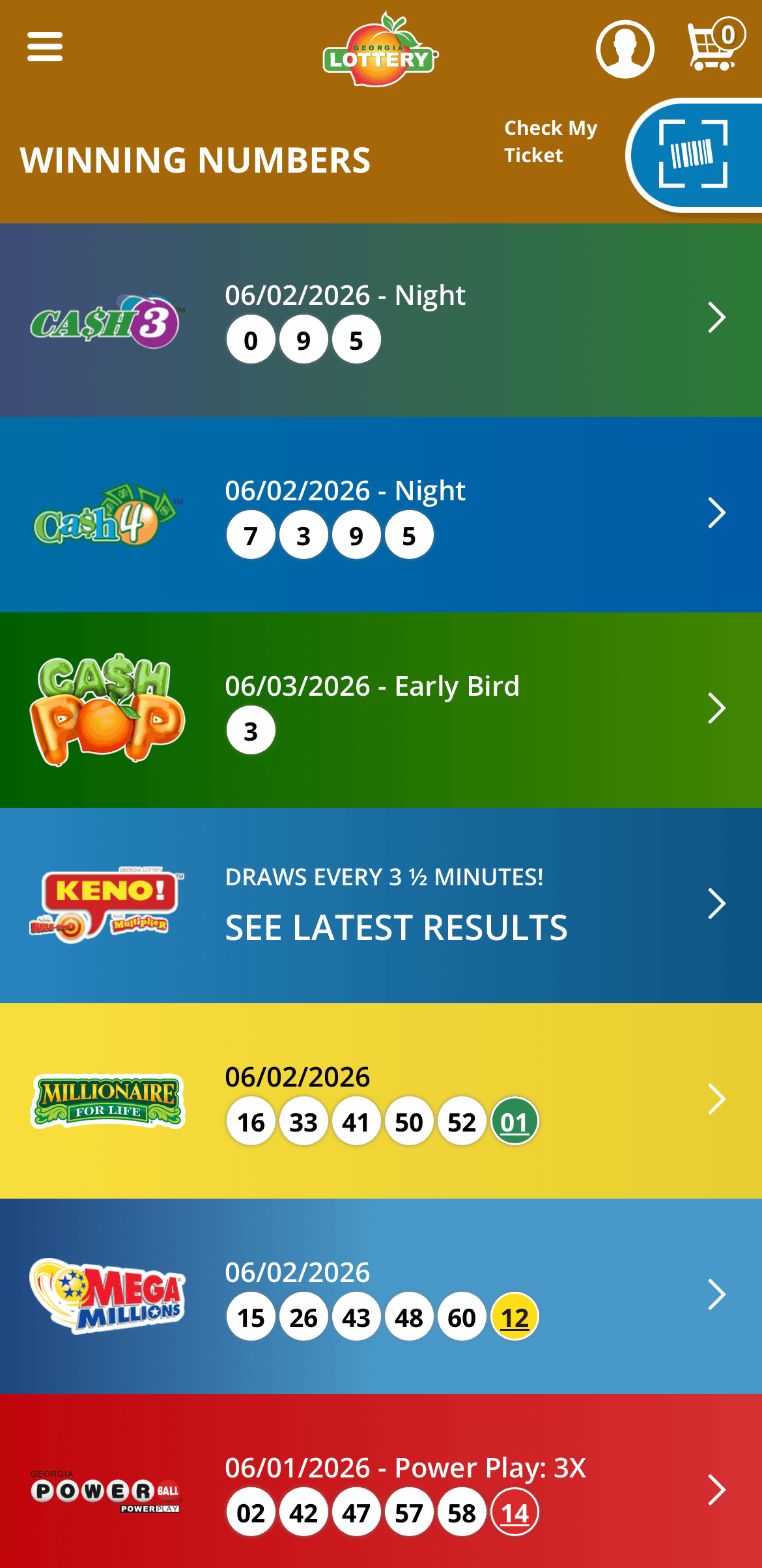 screenshot of Georgia Lottery mobile app winning numbers