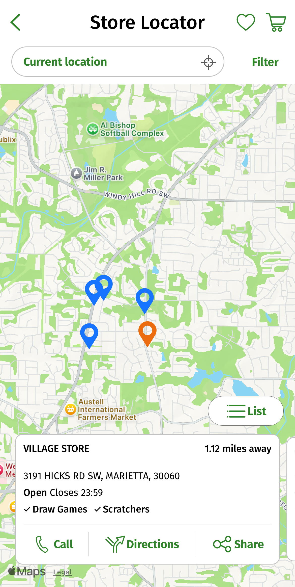 screenshot of Georgia Lottery mobile app retail location