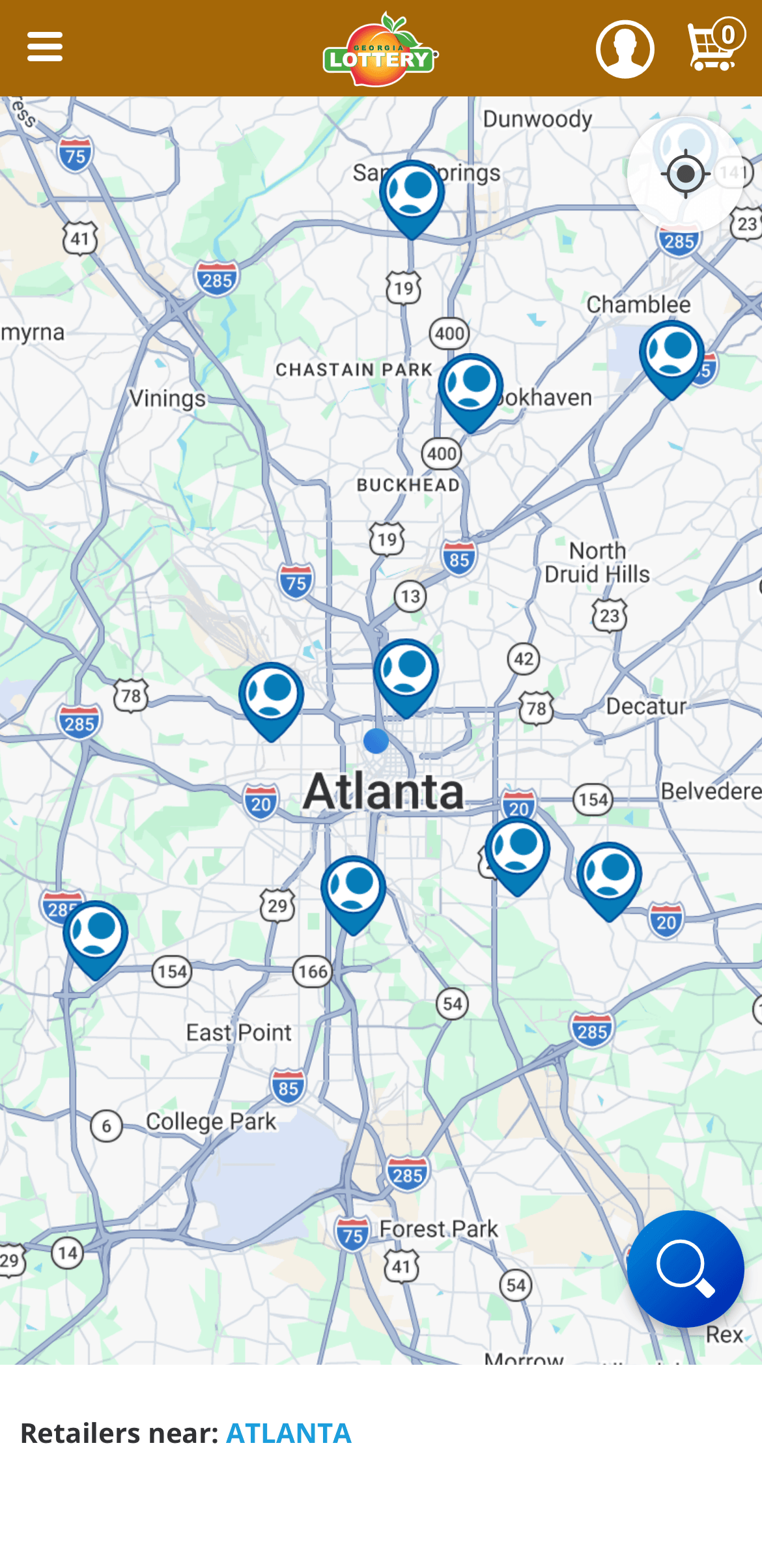 screenshot of Georgia Lottery mobile app retail location