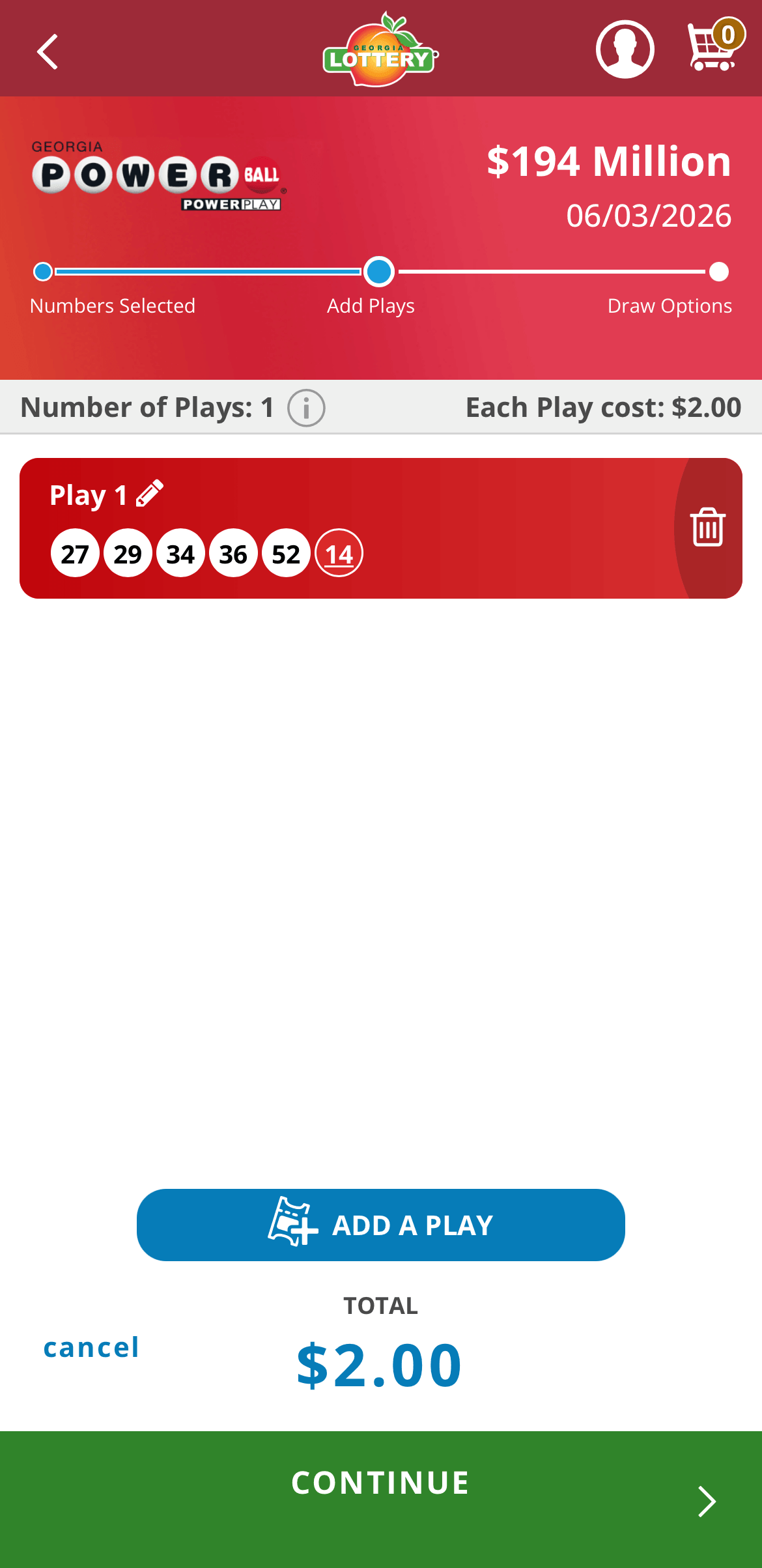 screenshot of Georgia Lottery mobile app ticket purchase