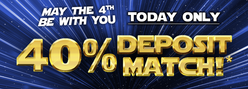 Image of outer space with promotional text. Deposit today for a fourty-percent deposit match.