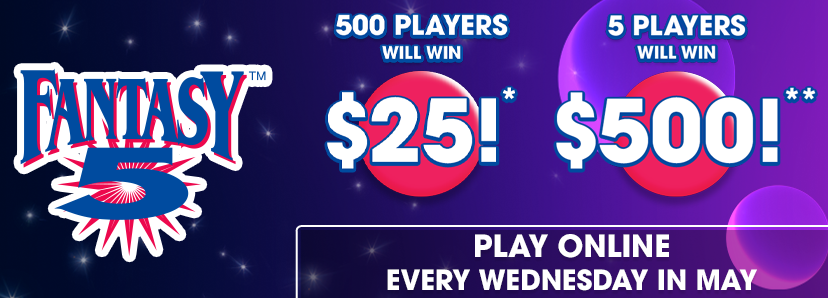 Vibrant purple gradient background with Fantasy 5 promotion. Play on Wednesdays for a chance to win.